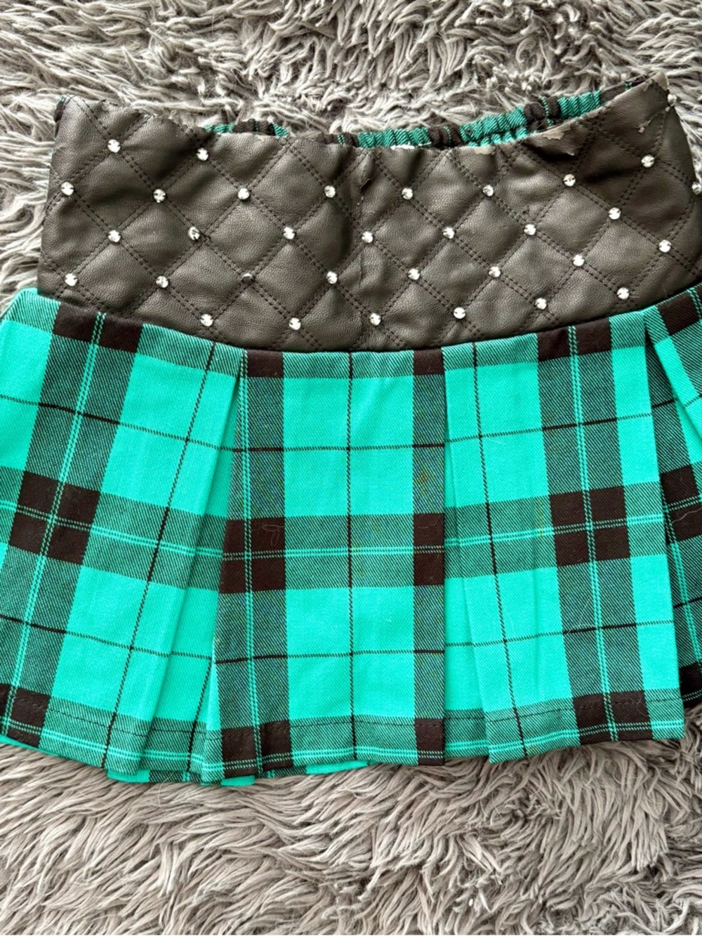 Justice Green Black Plaid Pleated Mini Skirt with Quilted Black Waistband